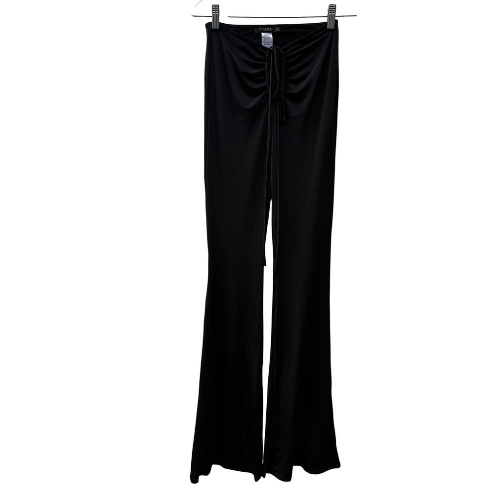 Cameo Vtg Y2K Black Ruched Lace Up Drawstring Flare Leg Pants Small Pull On